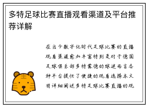多特足球比赛直播观看渠道及平台推荐详解 多特足球比赛直播观看渠道及平台推荐详解